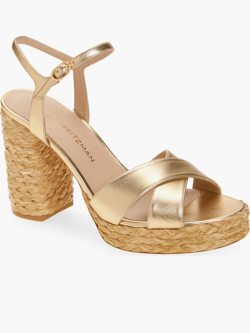 Stuart Weitzman Dayna Metallic Gold Leather Raffia Platform Sandals